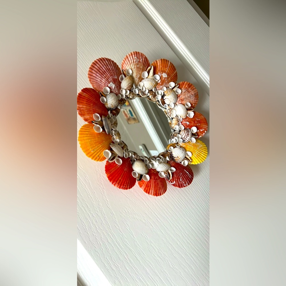 Floral  Peach & Coral Small Shell Round Mirror